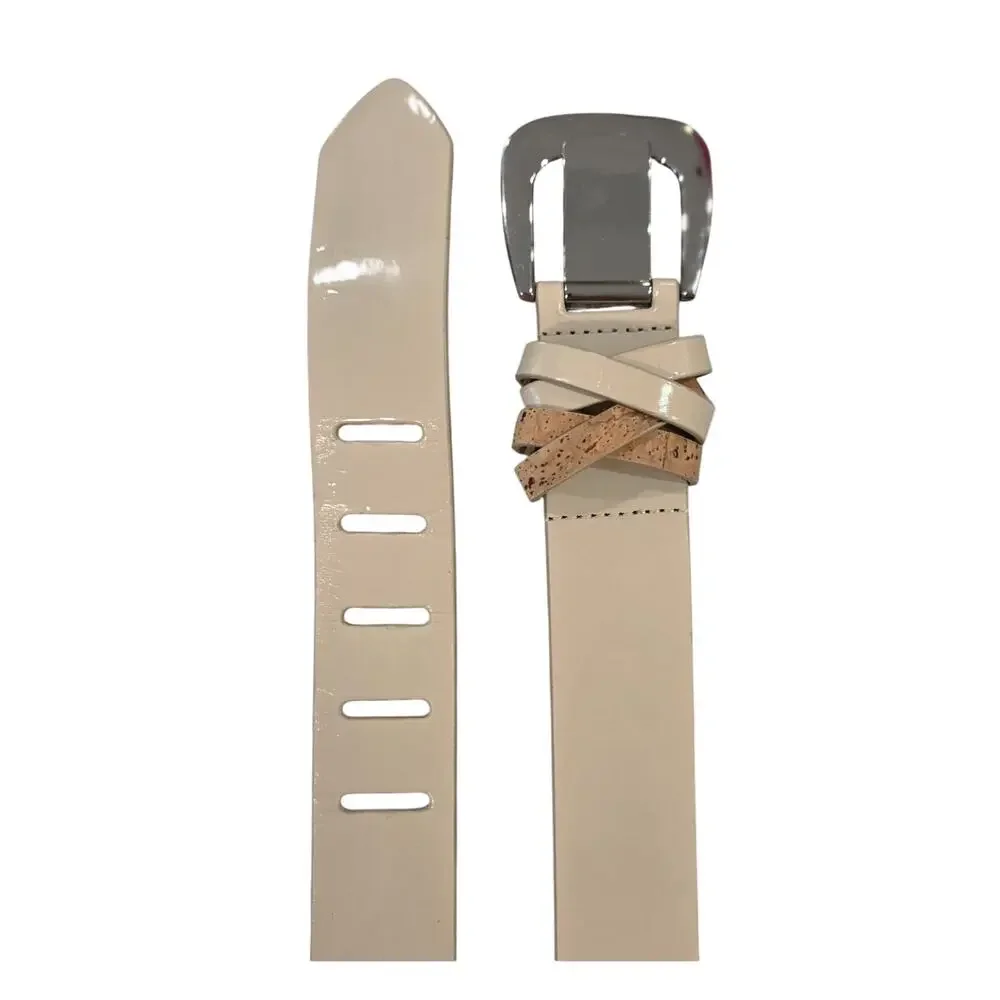 White House Black Market Nude Patent Belt S Cork Detail Wide Waist Hip Belt